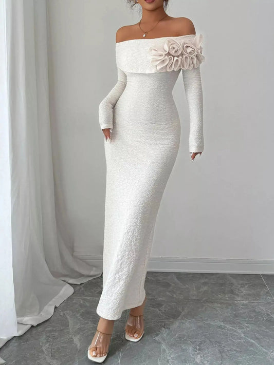 Off-shoulder floral maxi dress side view - stretchy imported polyester bohemian dress for women