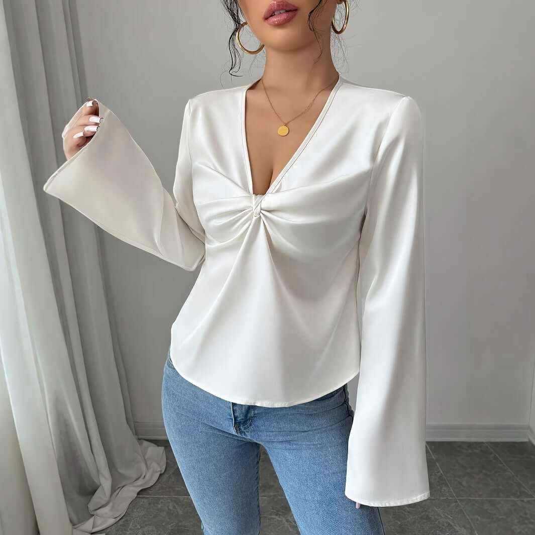 V-Neck Pleated Flare Sleeve Blouse for Women