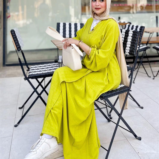 Loose Long Sleeve Belted Open Front Abaya Dress Elegant