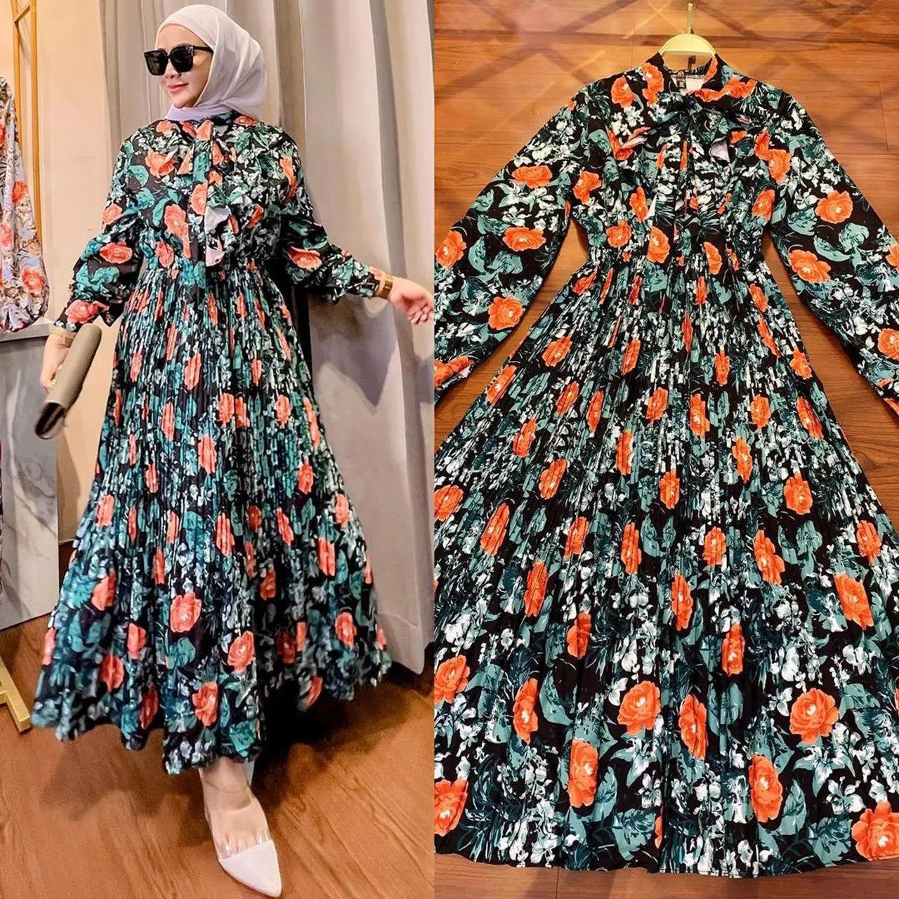 Muslim Malay Indonesian Ruffled Printed Dress Easy Bazaar