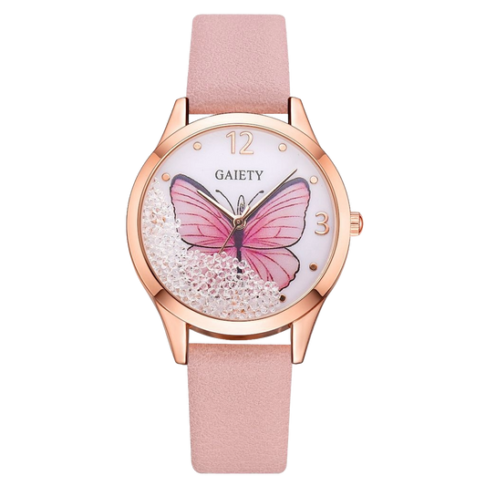 Gaiety Brand butterfly watch women pink leather strap rose gold dial ladies timepiece