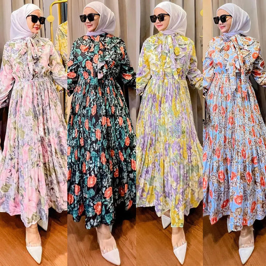Muslim Malay Indonesian Ruffled Printed Dress Easy Bazaar