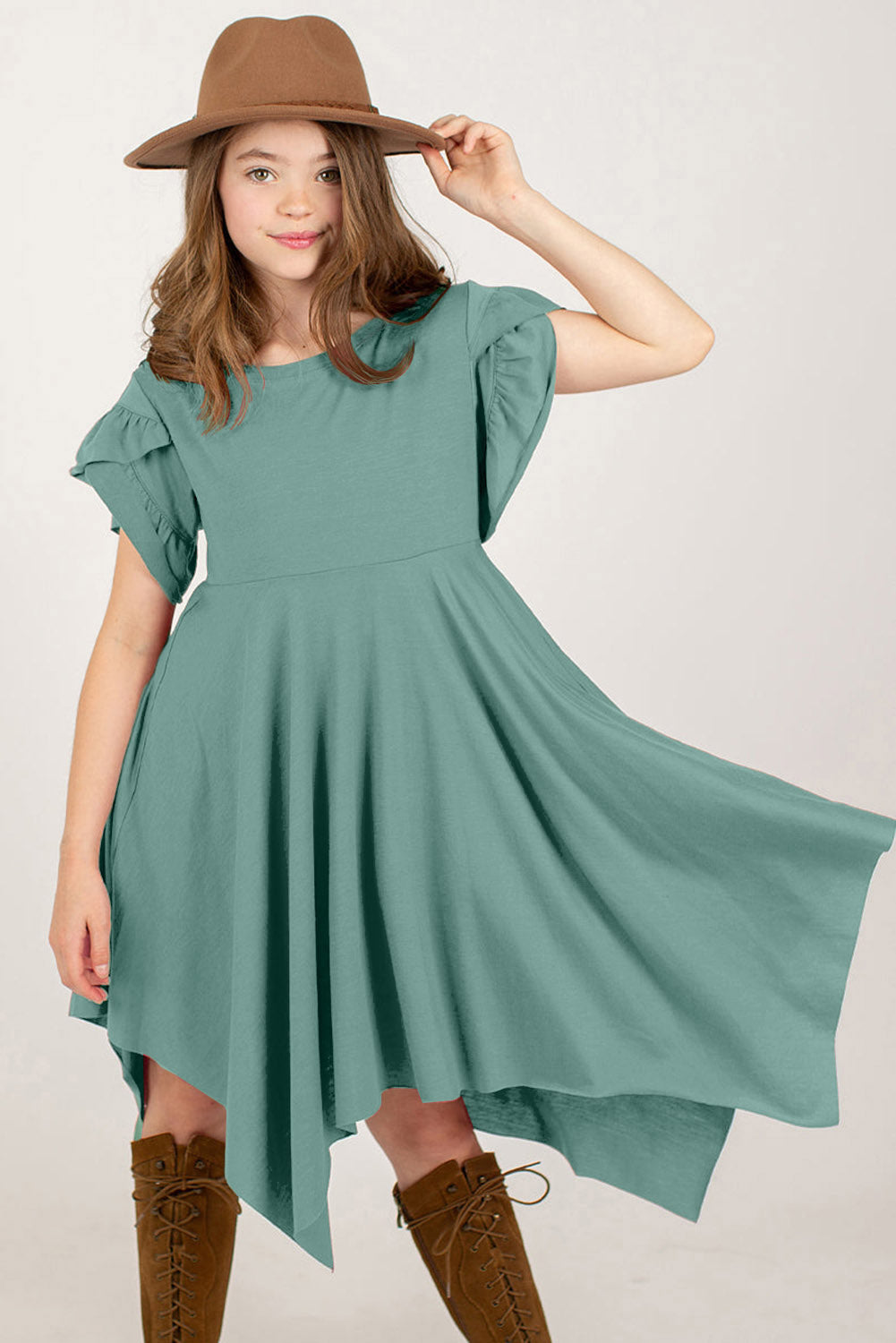 Round neck petal sleeve dress for kids in mint green