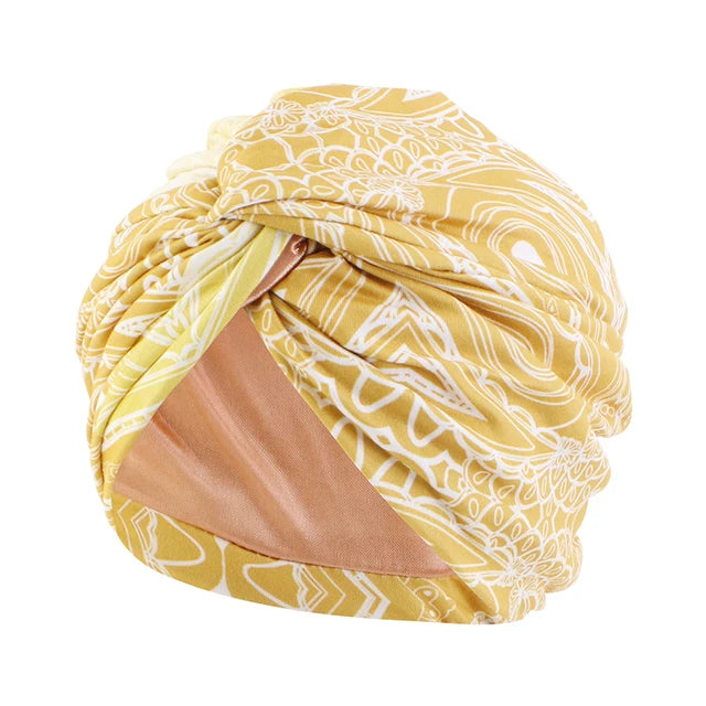 Women Muslim Bohemian style Cap Satin Linned Print Twist