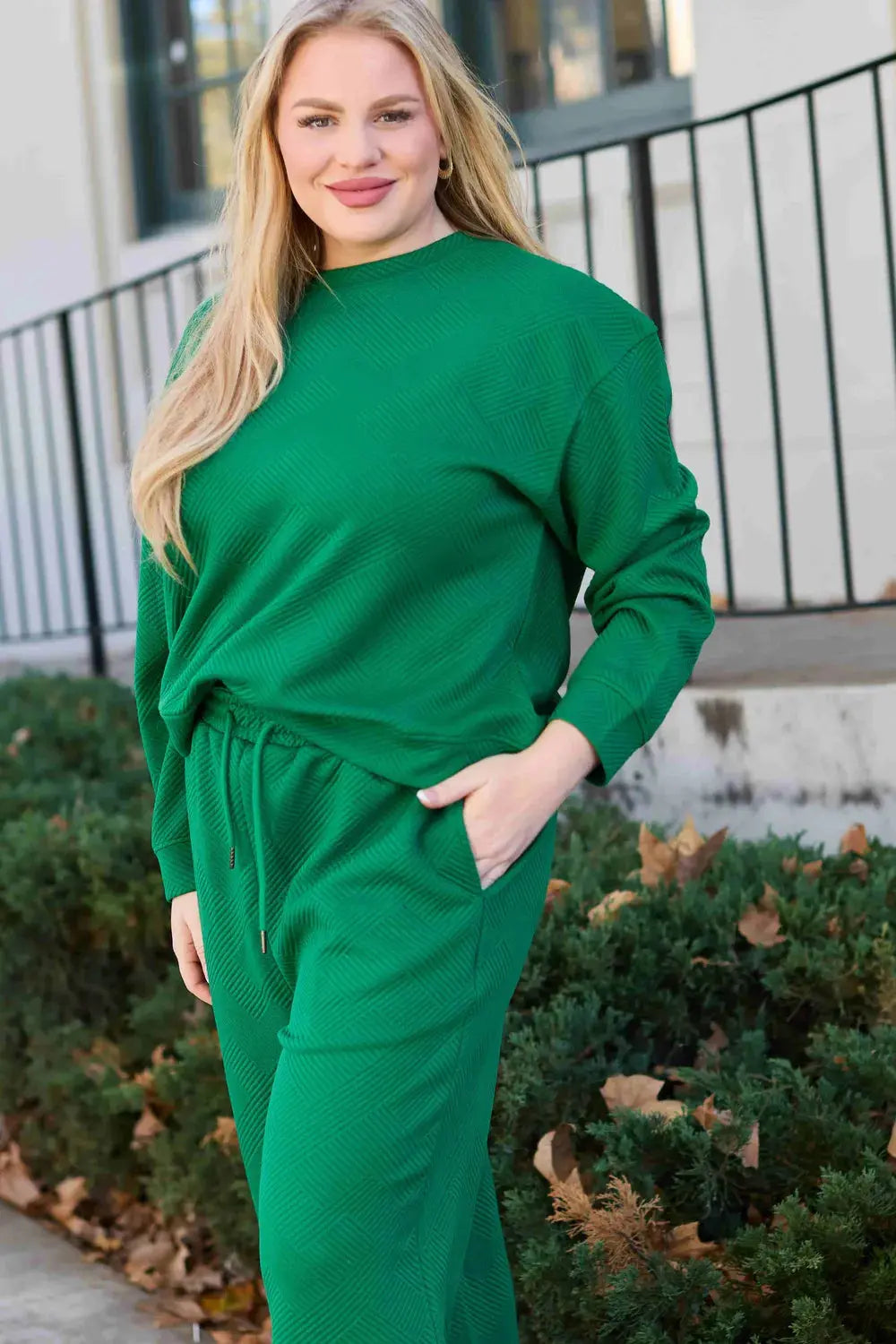 Double Take Full Size Textured Long Sleeve Top and Drawstring Pants Set Trendsi