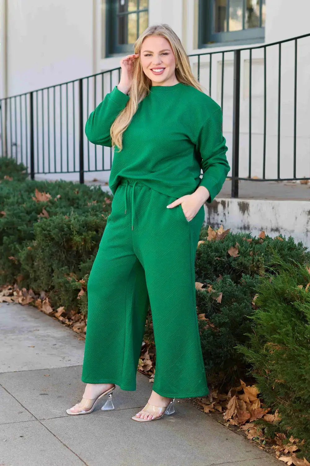 Double Take Full Size Textured Long Sleeve Top and Drawstring Pants Set Trendsi
