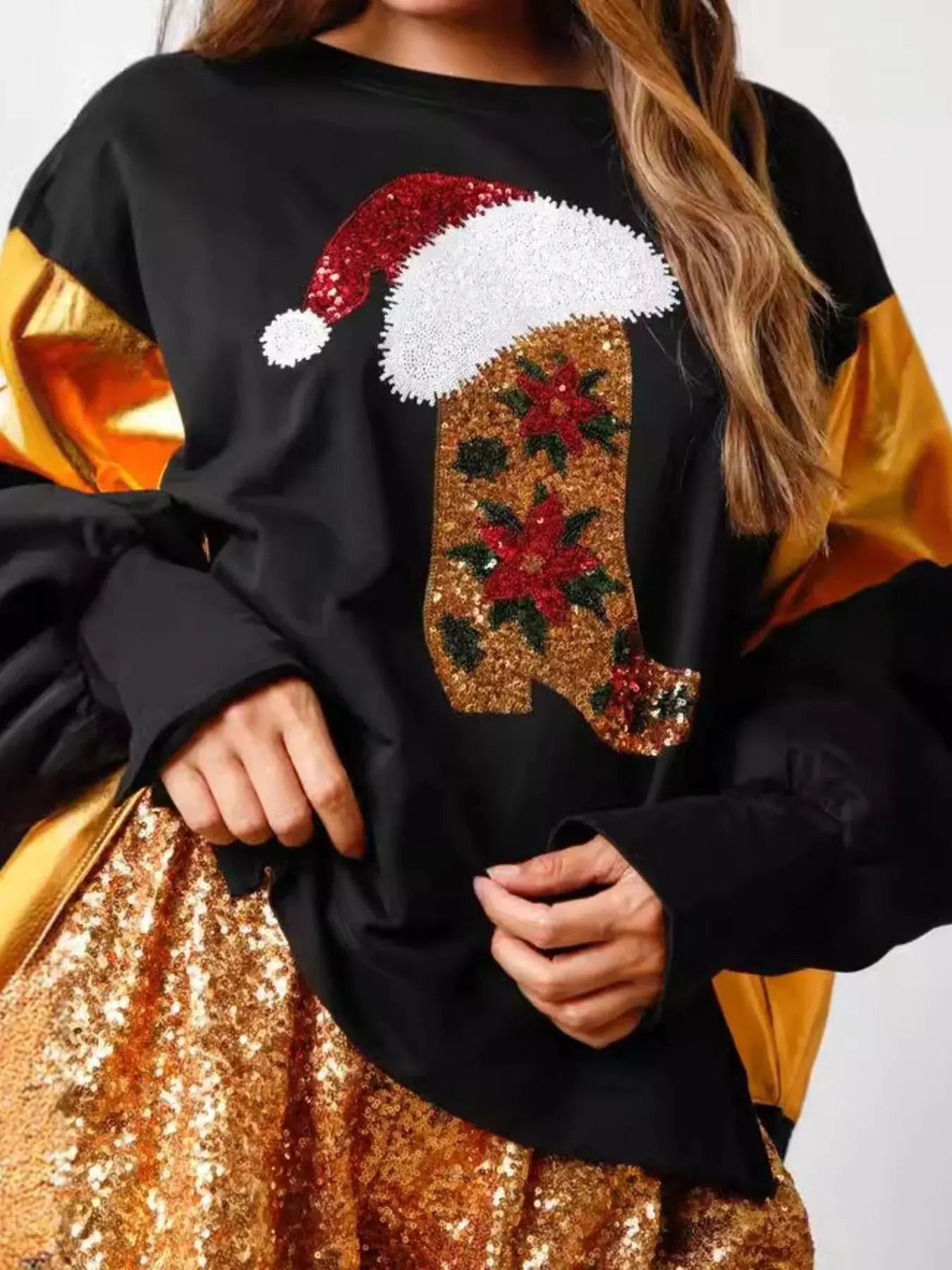 Christmas Sequin Boot Long Sleeve Sweatshirt Trendsi