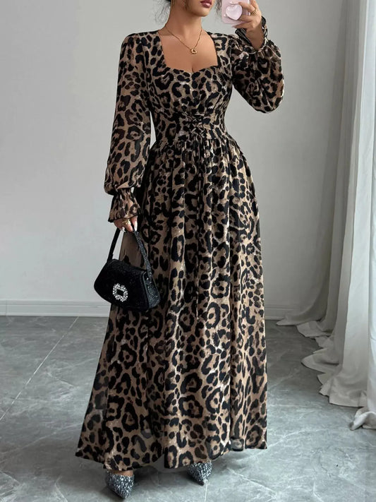 Leopard Sweetheart Neck Flounce Sleeve Maxi Dress Trendsi