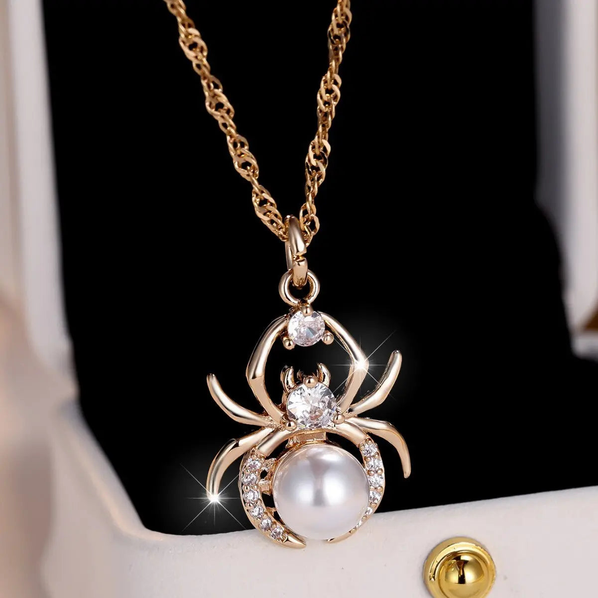 Champagne Gold Round White Diamond Pearl Spider Necklace Easy Bazaar