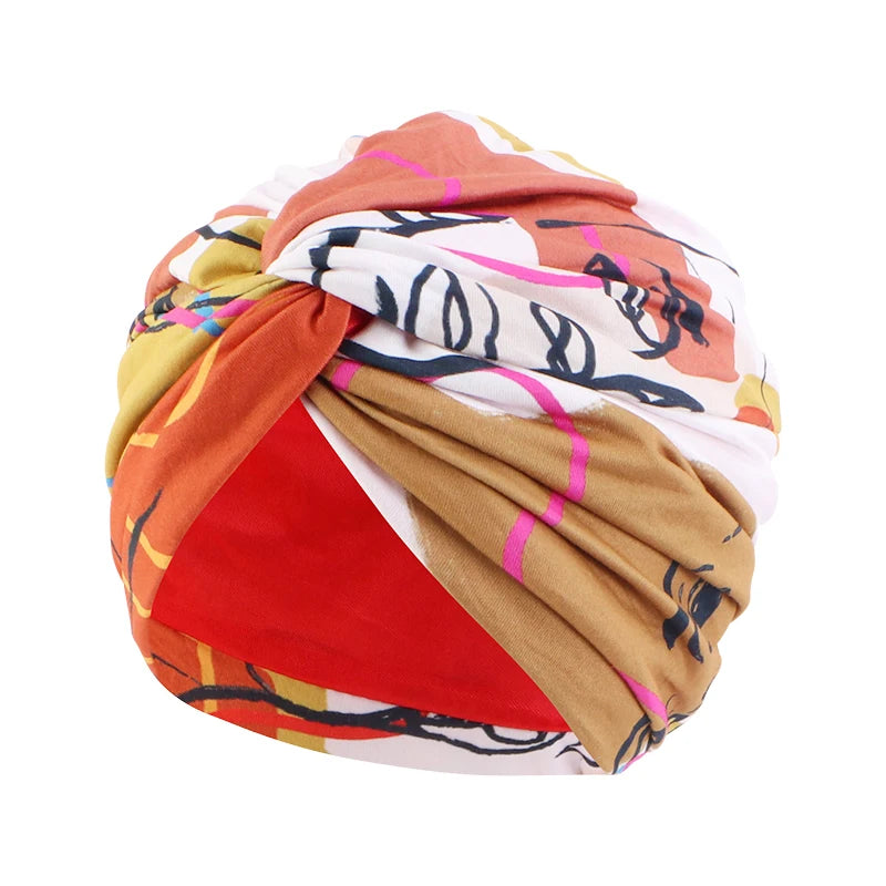 Women Muslim Bohemian style Cap Satin Linned Print Twist