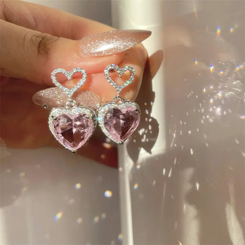 2023 New Light Luxury Premium Feeling Pink Crystal Heart Earrings For Women Girls Niche Design Earrings Birthday Jewellery Gift Easy Bazaar