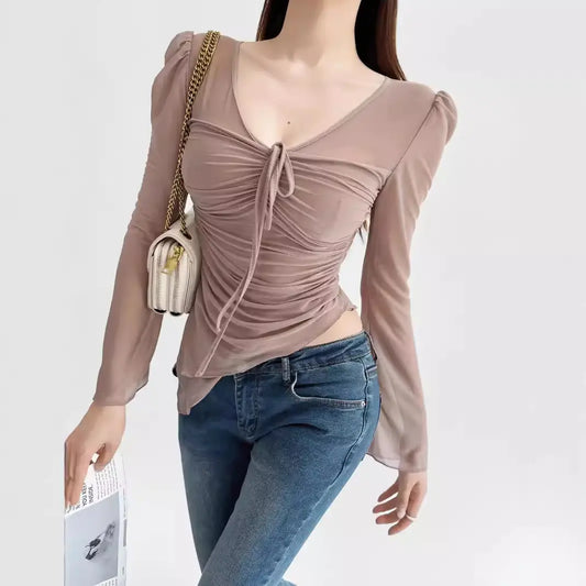 V-neck pleated lace up top eprolo