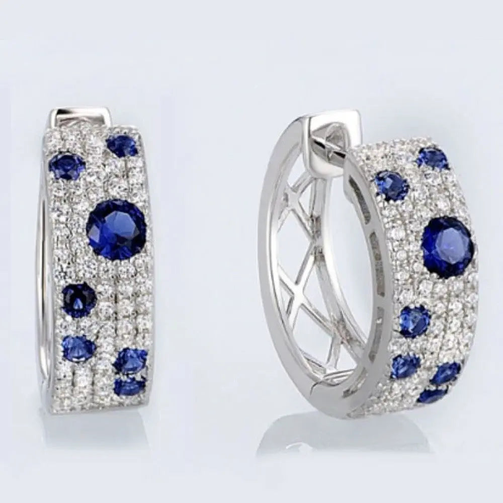 Korean Style Blue White Earrings Round Micro Inlaid Zircon Exquisite Ear Clip Trendsi