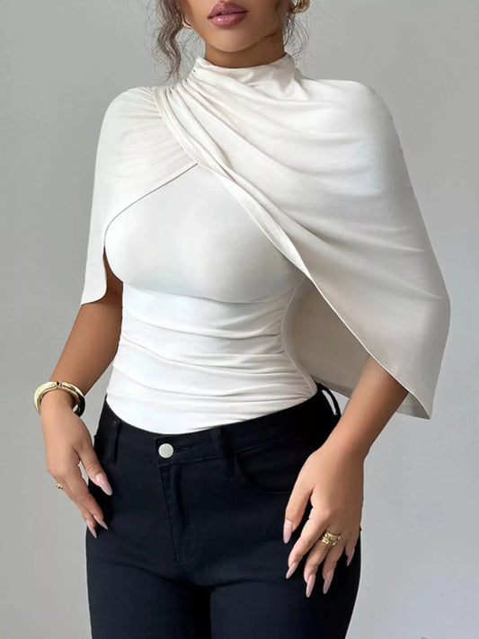 Ruched Mock Neck Shawl Half Sleeve Top Trendsi