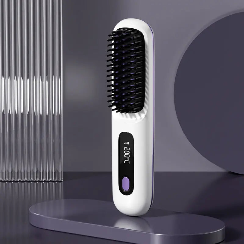 2 In 1 Straight Hair Comb Wireless Hair Straightener Brush Hair Fast Heating Portable Hot Curler USB Charging Easy Bazaar