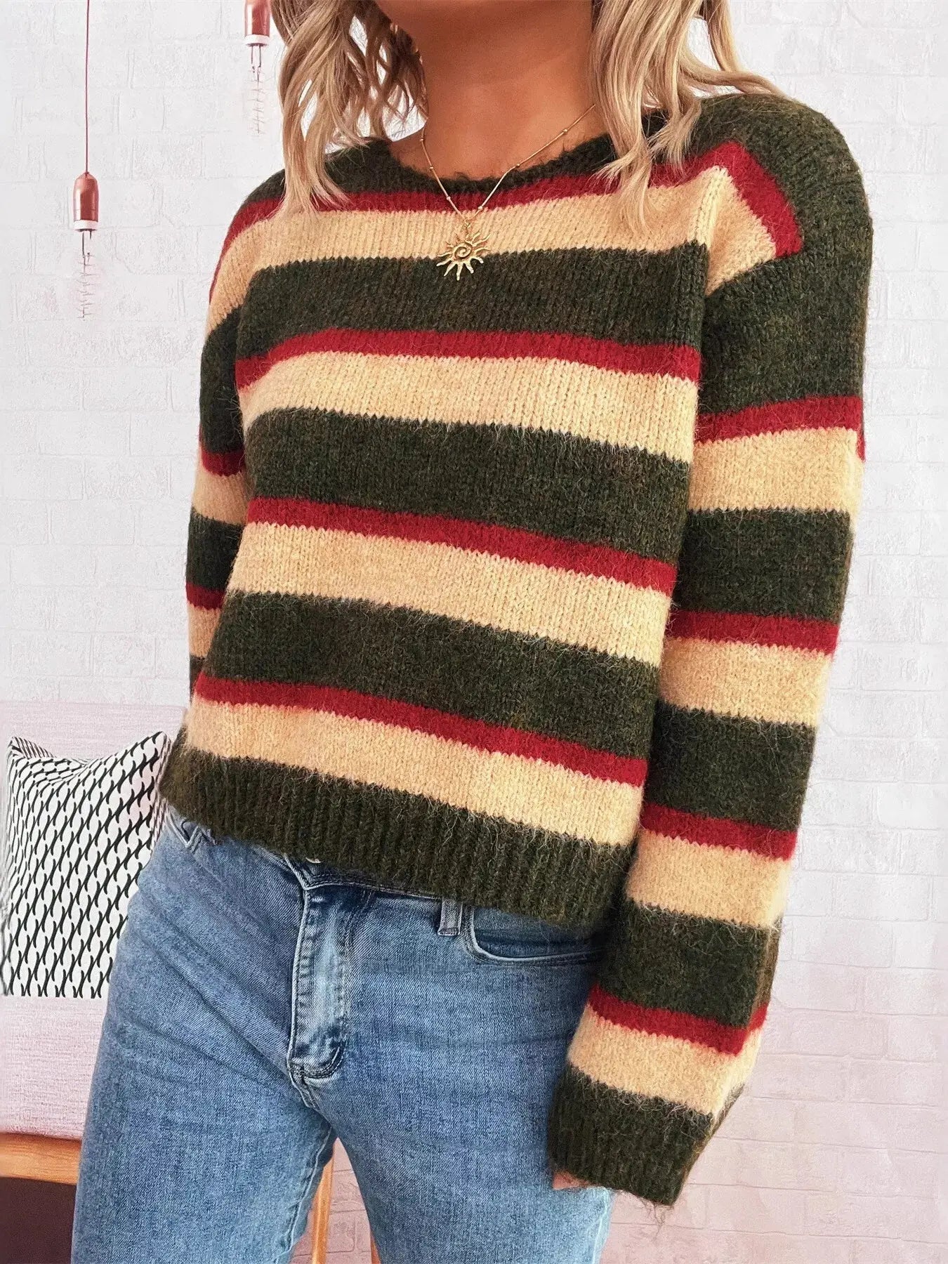 Striped Round Neck Long Sleeve Sweater Trendsi
