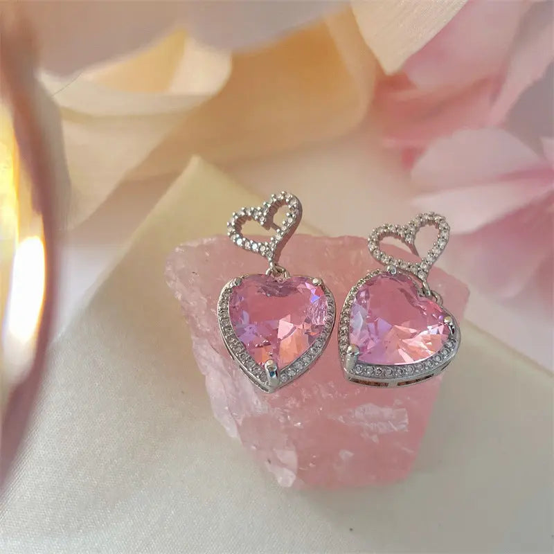 2023 New Light Luxury Premium Feeling Pink Crystal Heart Earrings For Women Girls Niche Design Earrings Birthday Jewellery Gift Easy Bazaar