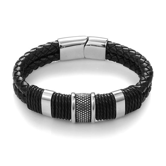 Leather Bracelet Punk Style Men Black Woven with stylish silver accents, perfect for a trendy and edgy look.