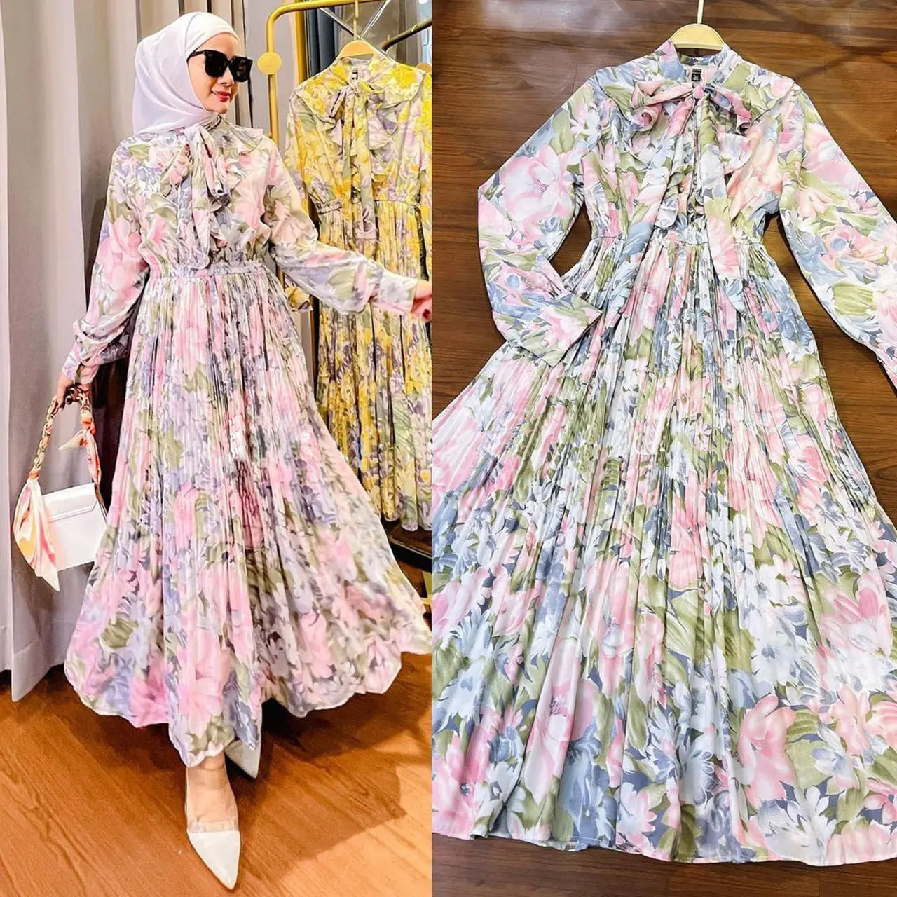 Muslim Malay Indonesian Ruffled Printed Dress Easy Bazaar