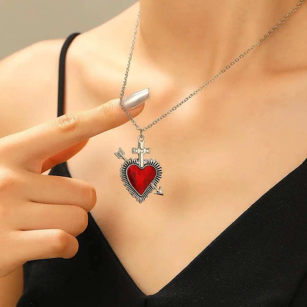 New Heart and Sword Necklace Punk Vintage Red Crystal Heart Couple Necklaces for Women Men Boyfriend Girlfriend Gifts