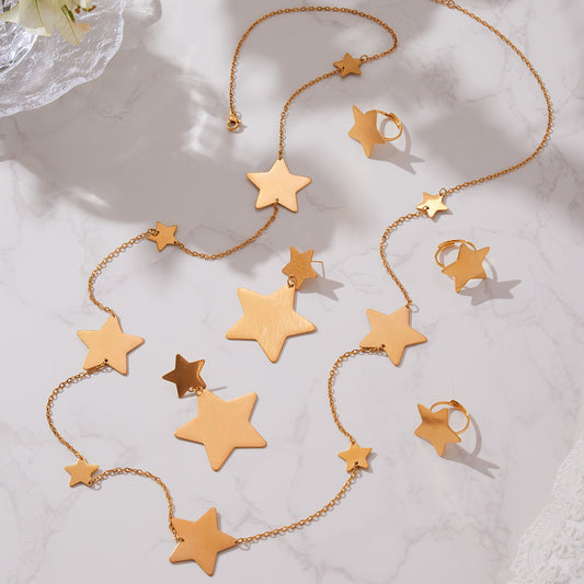 Stainless Steel Clavicle Chain With A Brushed Texture Featuring Small And Large Stars