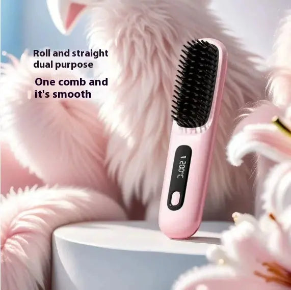 2 In 1 Straight Hair Comb Wireless Hair Straightener Brush Hair Fast Heating Portable Hot Curler USB Charging Easy Bazaar