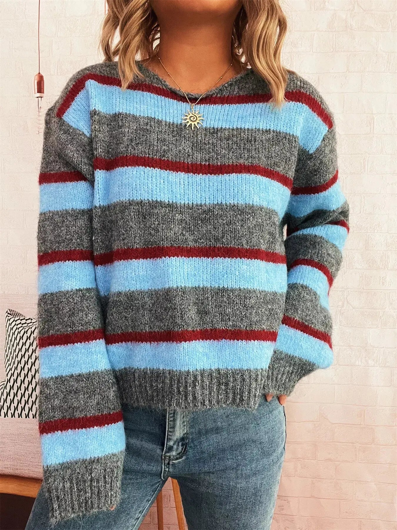 Striped Round Neck Long Sleeve Sweater Trendsi