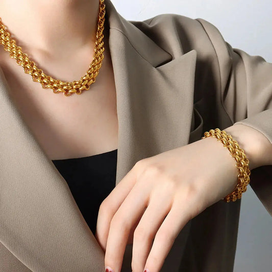 Gold Chain Link Jewelry Set with Necklace and Bracelet Trendsi