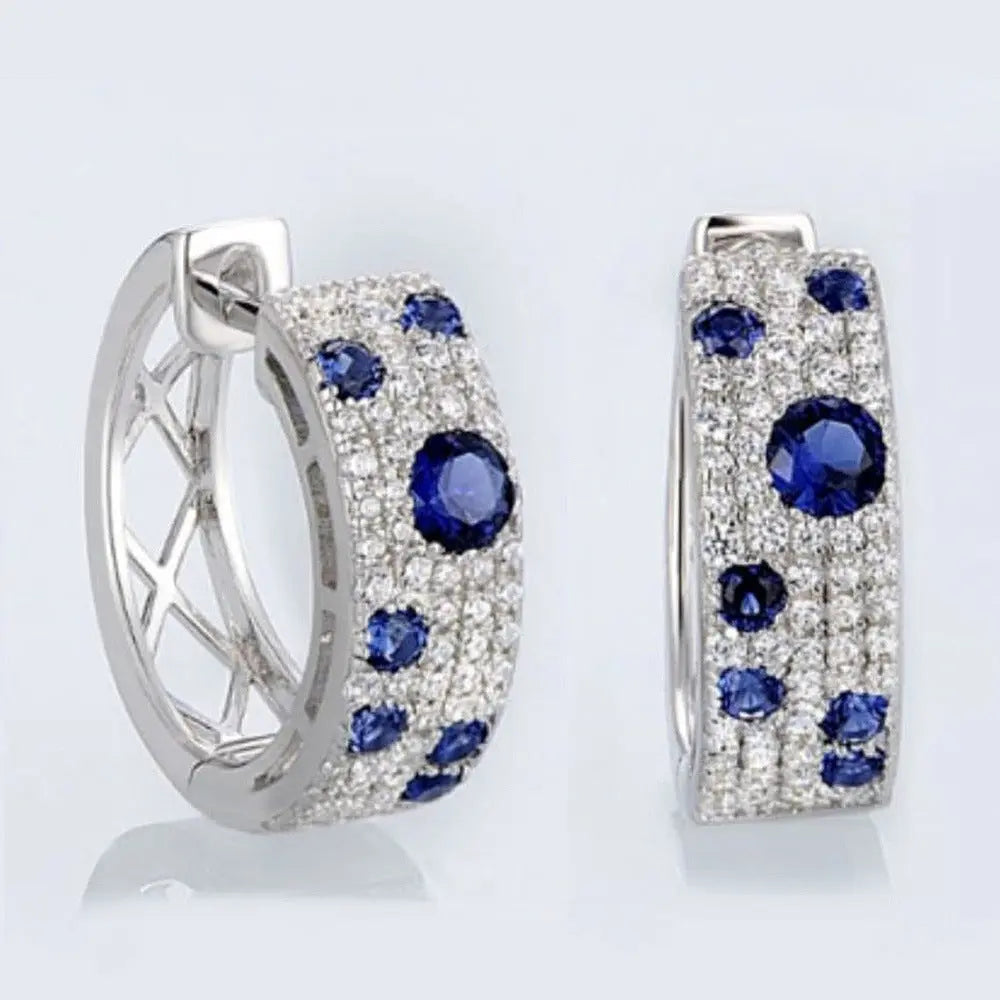 Korean Style Blue White Earrings Round Micro Inlaid Zircon Exquisite Ear Clip Trendsi