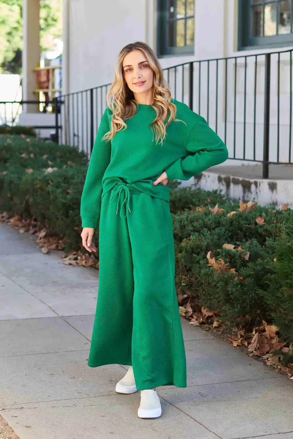 Double Take Full Size Textured Long Sleeve Top and Drawstring Pants Set Trendsi