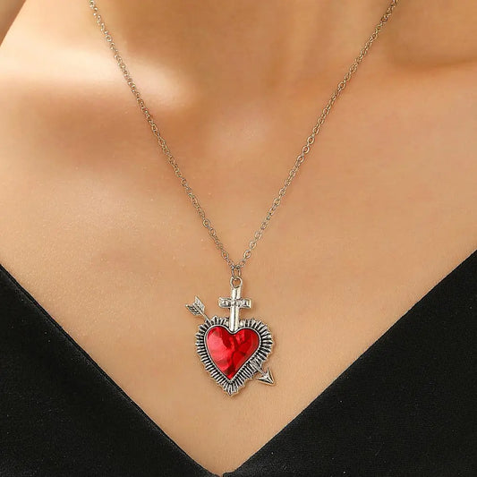 New Heart and Sword Necklace Punk Vintage Red Crystal Heart Couple Necklaces for Women Men Boyfriend Girlfriend Gifts