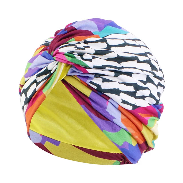 Women Muslim Bohemian style Cap Satin Linned Print Twist