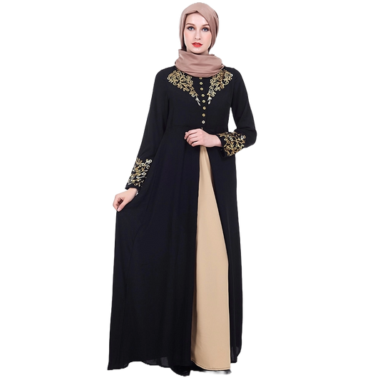 Dubai style black kaftan full length view with gold embroidery