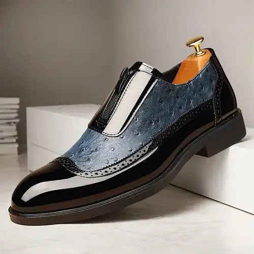 Embossed zipper pointed men's shiny leather Chelsea men's single shoes eprolo