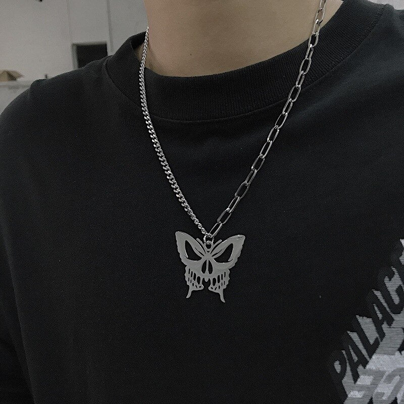 Gothic silver butterfly pendant necklace worn on chain unisex jewelry"