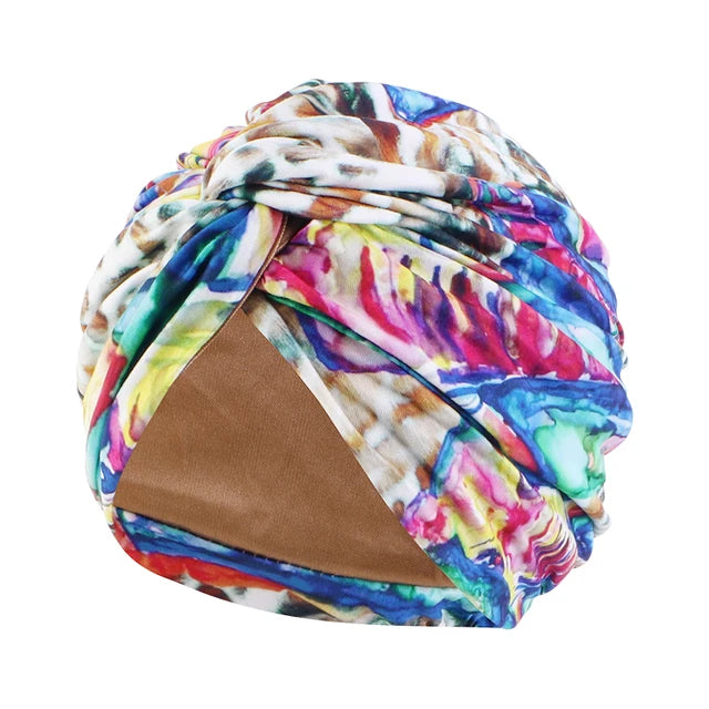 Women Muslim Bohemian style Cap Satin Linned Print Twist