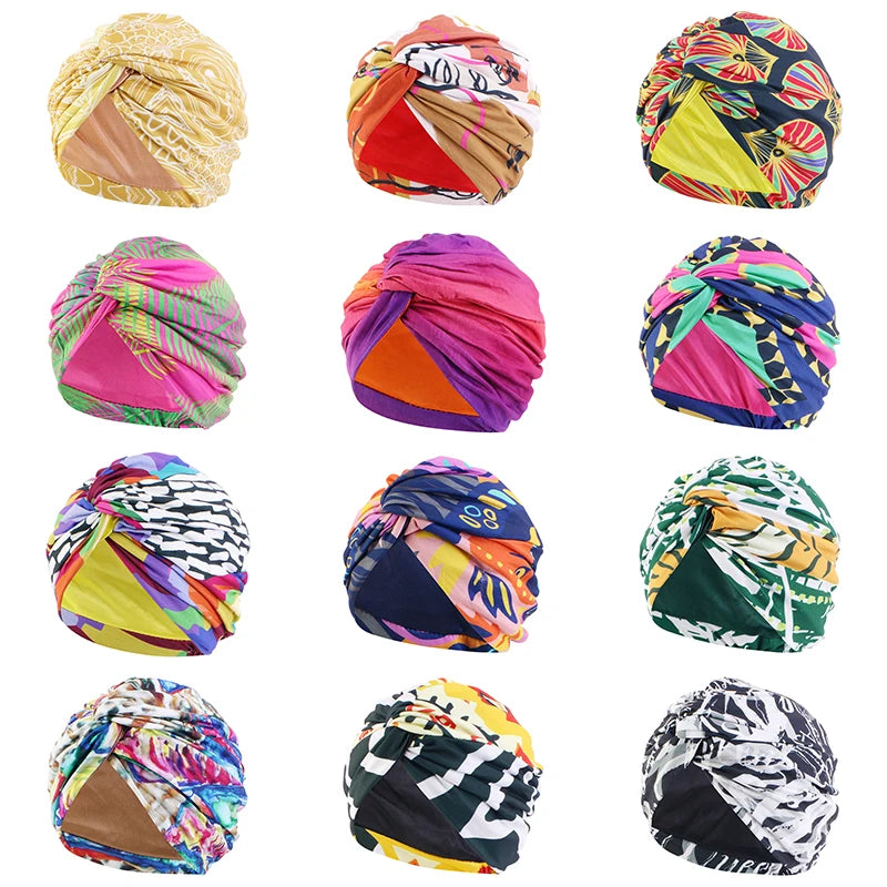 Women Muslim Bohemian style Cap Satin Linned Print Twist