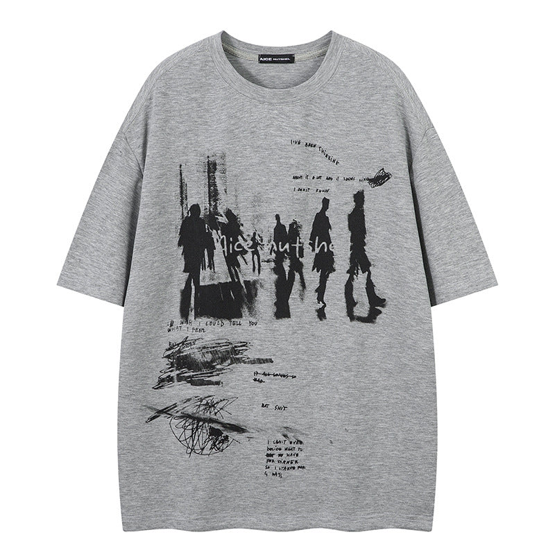 Retro Print Loose T-Shirt Men Short Sleeve