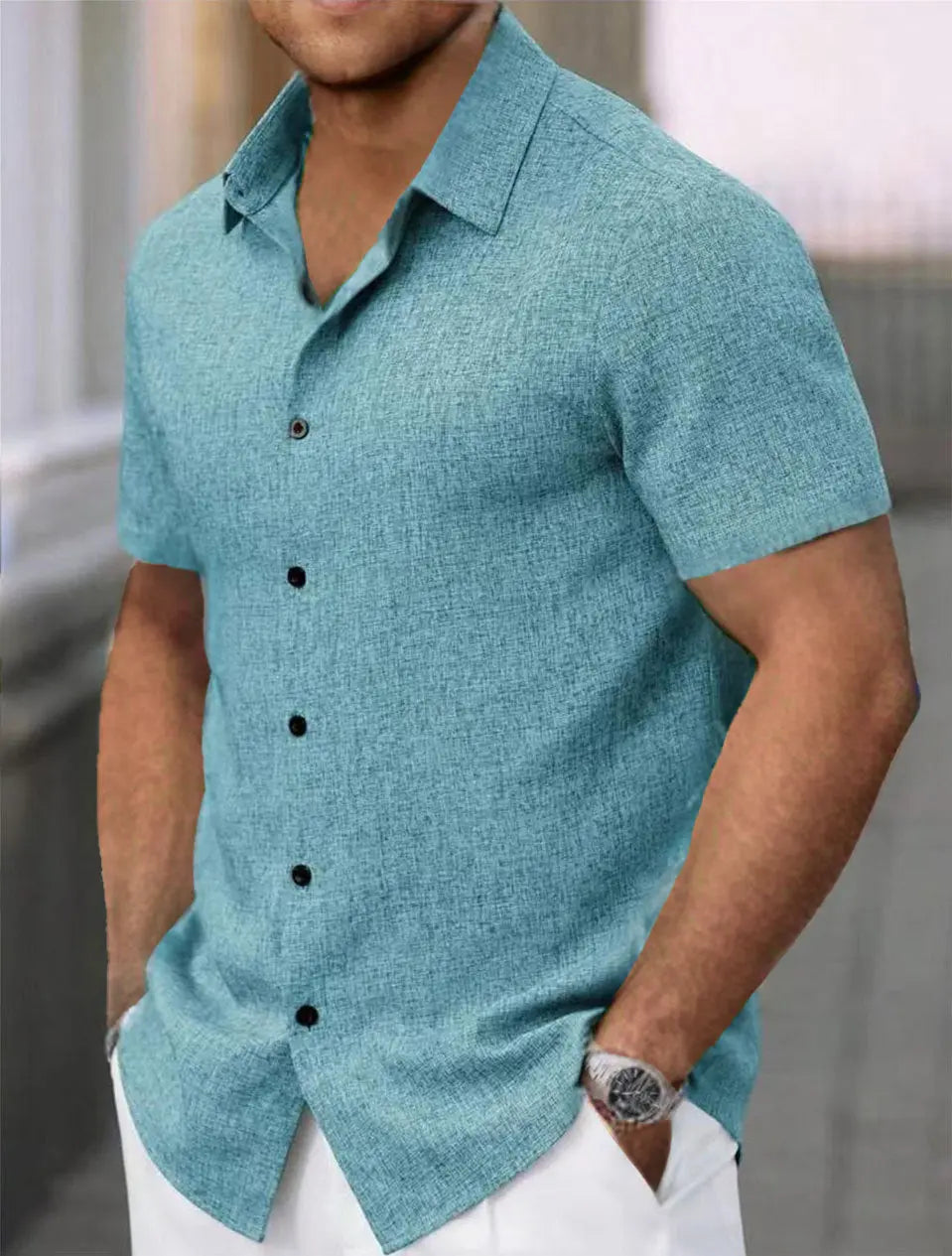 Men's Lapel Cotton And Linen Stripes Jacquard Loose Casual Shirt Easy Bazaar