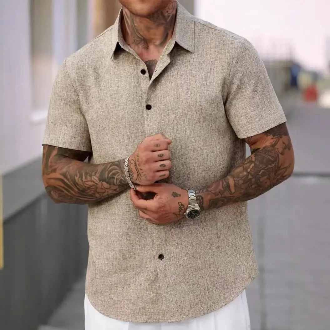 Men's Lapel Cotton And Linen Stripes Jacquard Loose Casual Shirt Easy Bazaar