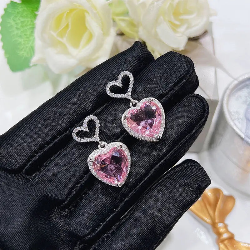 2023 New Light Luxury Premium Feeling Pink Crystal Heart Earrings For Women Girls Niche Design Earrings Birthday Jewellery Gift Easy Bazaar