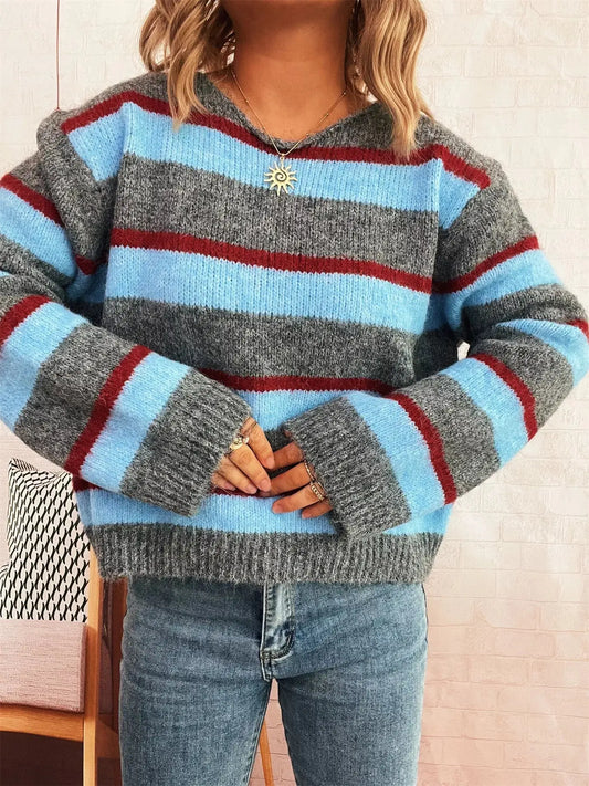 Striped Round Neck Long Sleeve Sweater Trendsi