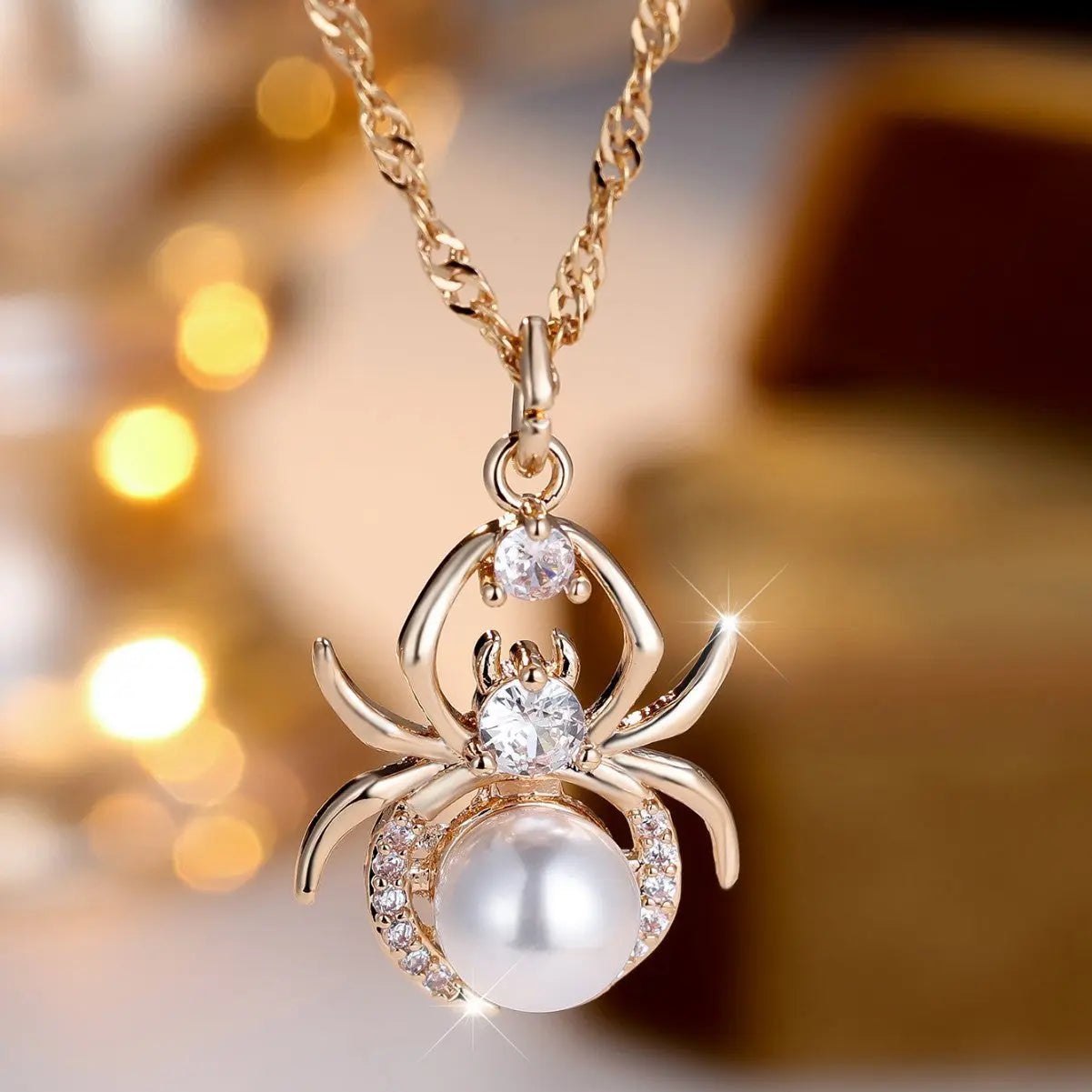 Champagne Gold Round White Diamond Pearl Spider Necklace Easy Bazaar