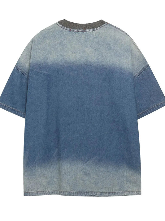 Men's Washed Round Neck Short Sleeve Denim Top Trendsi