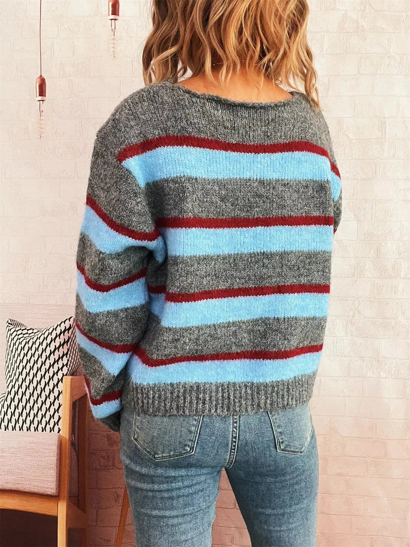 Striped Round Neck Long Sleeve Sweater Trendsi
