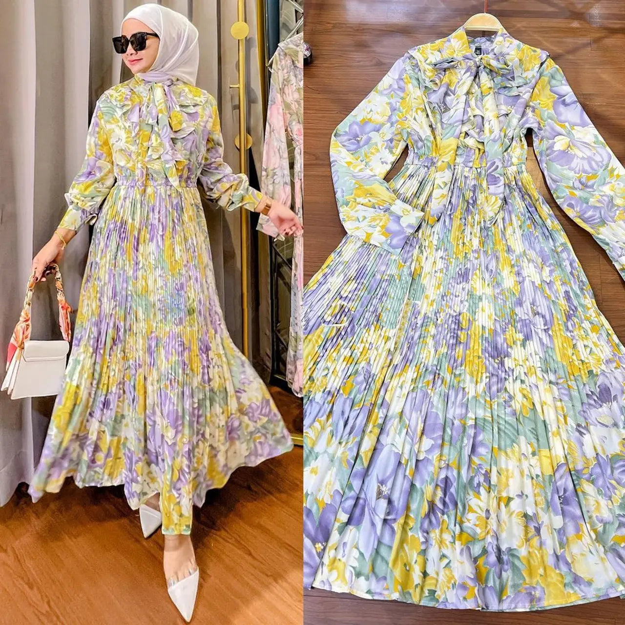 Muslim Malay Indonesian Ruffled Printed Dress Easy Bazaar