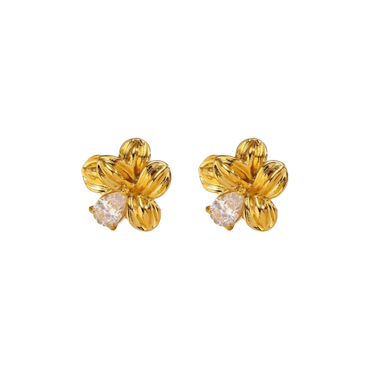 "Pair of 18K gold-plated flower stud earrings on white background"