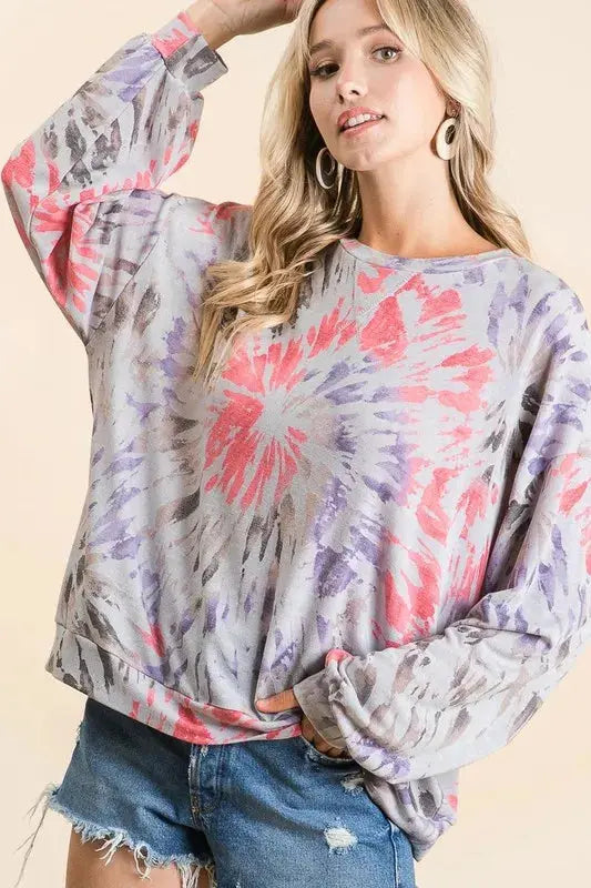 BiBi Tie Dye Print Terry Pull Over Trendsi