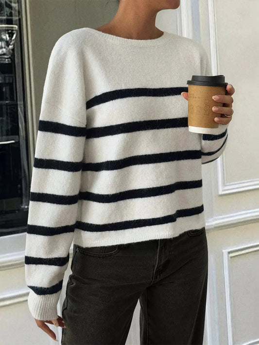 Striped Round Neck Long Sleeve Knit Top Trendsi