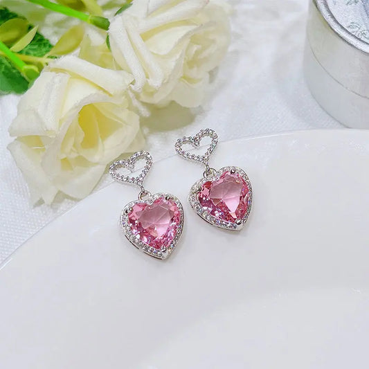 2023 New Light Luxury Premium Feeling Pink Crystal Heart Earrings For Women Girls Niche Design Earrings Birthday Jewellery Gift Easy Bazaar